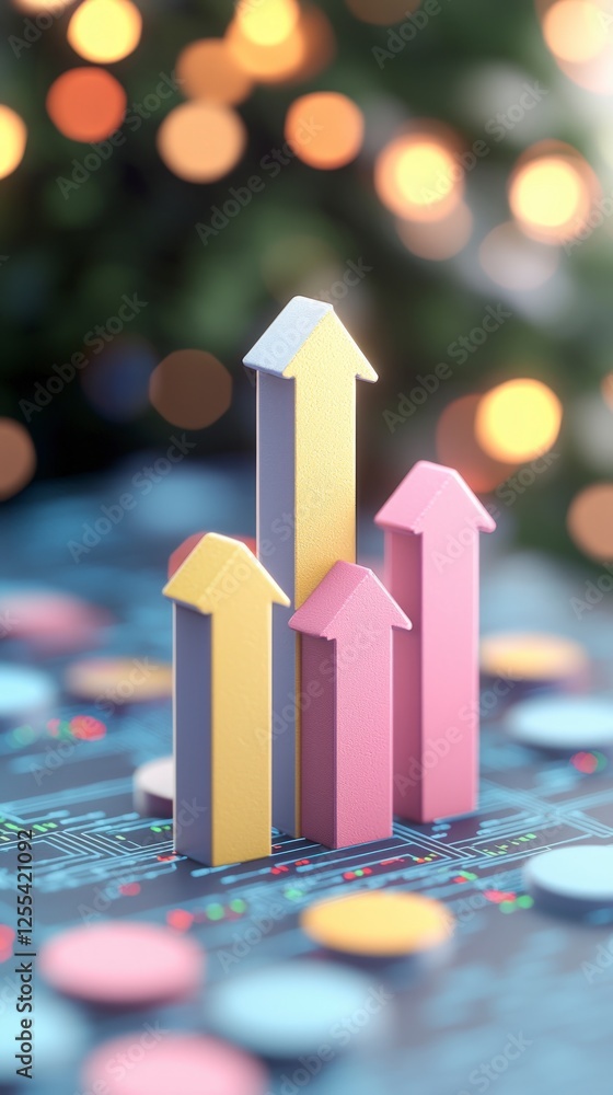 Poster colorful 3d arrows representing growth on a data background with bokeh lights