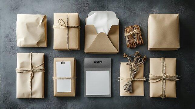 Flat lay of assorted brown paper and packaging materials for e-commerce shipping needs