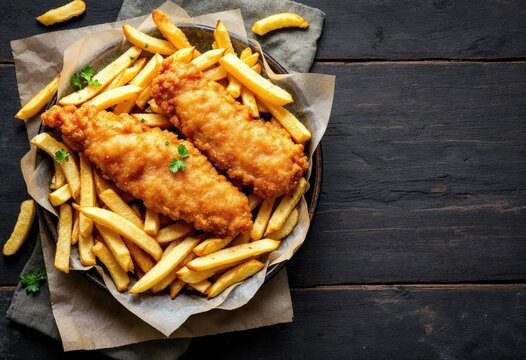 fish and chips traditional english food top view copy space