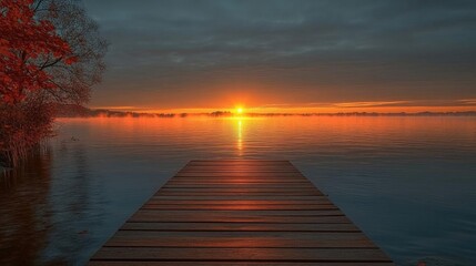 Fototapeta premium Sunset Over Calm Lake With Wooden Pier
