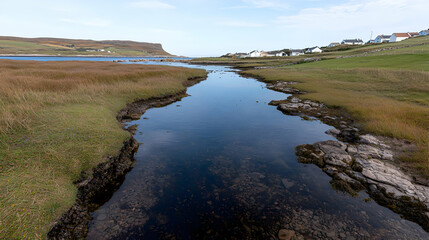 Obraz premium Coastal inlet, village, clear water, autumnal grasses, island