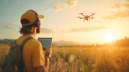 Technician Operating Drone in Clean Energy Field at Sunset