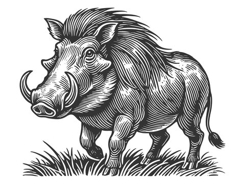recommend clip art:  warthog standing in tall grass, depicted in a classic engraving style with fine details sketch engraving generative ai raster illustration. Scratch board imitation. Black and white image.