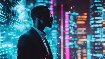 Obraz premium Futuristic businessman in neon-lit cityscape with glowing digital patterns 