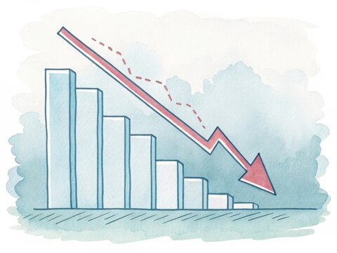 A downward trend is illustrated through a bar graph, indicating a decrease in data over time with an arrow pointing down.