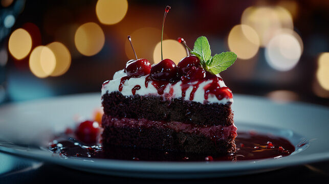 Decadent chocolate cake slice with cherry topping and mint on elegant plate