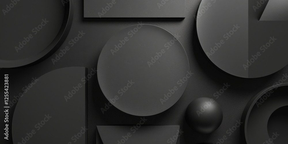 Poster an abstract minimalist design featuring a pure black backdrop, abstract geometric shapes and lines, 