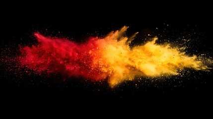 Vibrant explosion of red orange and yellow powder against a stark black background creating drama