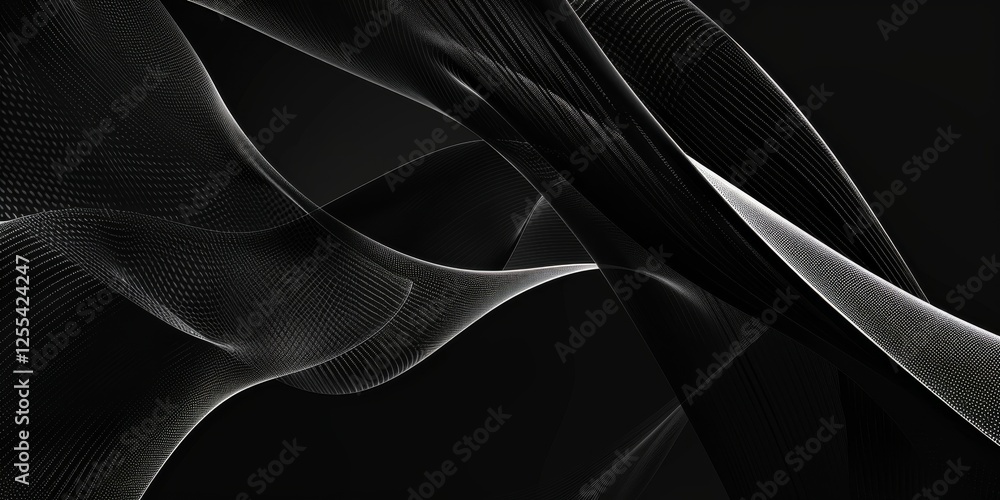 Poster an abstract minimalist design featuring a pure black backdrop, abstract geometric shapes in monochro