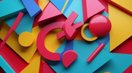 A vibrant and dynamic composition of geometric shapes in bold primary and secondary colors