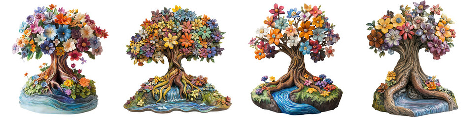 A vibrant collection of artistic trees, each adorned with colorful blossoms and a serene stream, symbolizing nature's beauty and harmony. PNG transparent