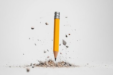 Obraz premium A yellow pencil standing upright amidst flying debris on a white background