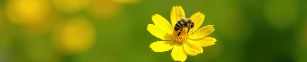A bee collecting nectar from a single bright yellow bloom, nature, insects, flowers