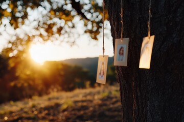 A serene sunset scene featuring photographs hanging from a tree, capturing memories while bathed in warm golden light, evoking nostalgia and appreciation for life's moments.
