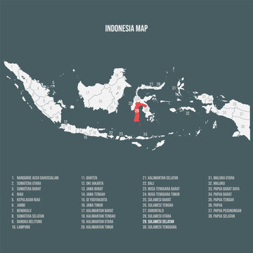 Indonesia Map with 38 Provinces - Sulawesi Selatan