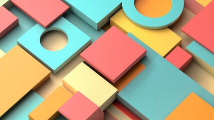 A vibrant composition of geometric shapes including squares and a circle with a playful arrangement