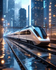 High Speed Train in City at Night