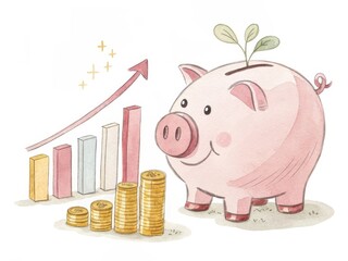 A piggy bank with a sprout beside growing coins and a graph symbolizes saving, investment, and financial growth.