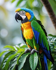 Obraz premium Blue and Gold Macaw Perched on Tropical Leaves