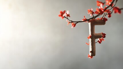 Spring Equinox Elegance Blossoming Branch with Textural Letter F in Morning Light - Seasonal Branding and Visual Marketing for Modern Event Design
