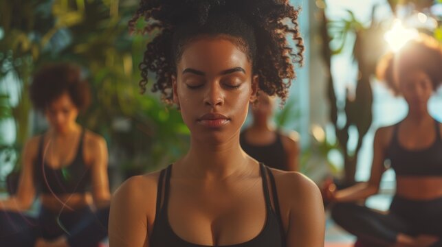 A serene image Of a woman meditating in a class surrounded by Others in a peaceful indoor setting with natural light and plants.