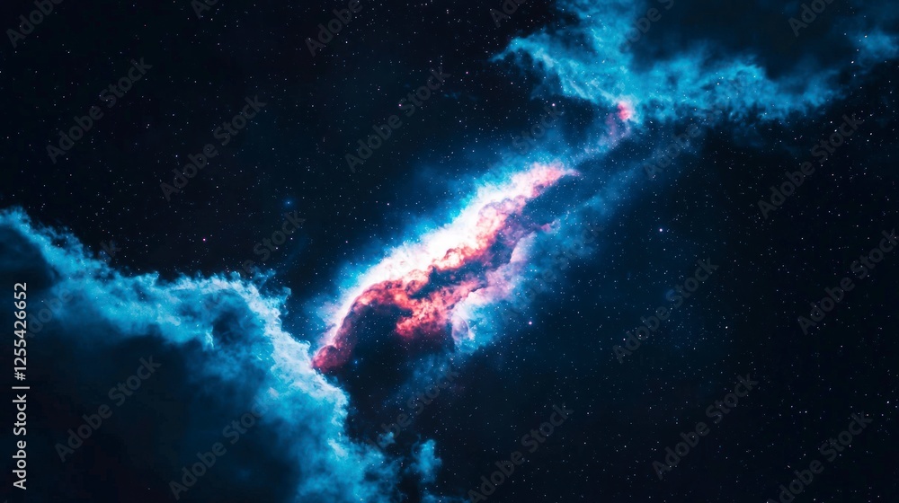 Poster cosmic nebula in deep space with blue and red gaseous clouds