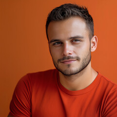Fototapeta premium Portrait of a confident young man in vibrant orange shirt casual studio setting close-up shot creative expression professional photography