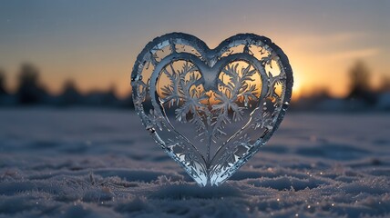 A stunning heart-shaped ice sculpture glistens in the snow, capturing the beauty of winter's artistry. 