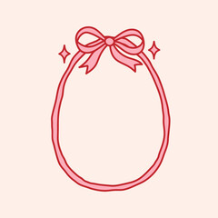 Egg shaped ribbon frame with coquette bow. Holiday trendy border. Vintage background for greeting cards, invitations, social media. Whimsical design for Happy Easter