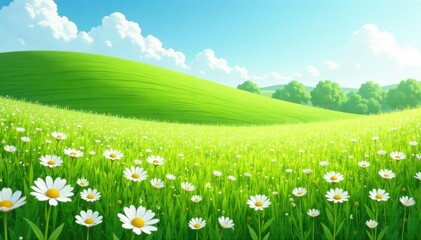 A field of delicate white margaritas stretches towards a rolling green hill, peaceful, landscape