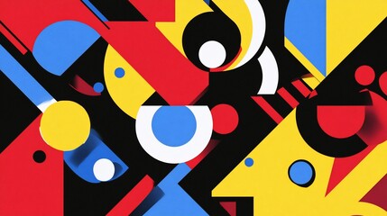 A vibrant geometric composition featuring intersecting shapes in red, yellow, blue, and white on a dark background