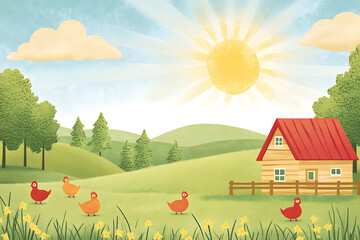 Beautiful countryside farm illustration with free-range chickens, a rustic wooden barn, green rolling hills, and a bright sunny sky, creating a peaceful and organic rural landscape