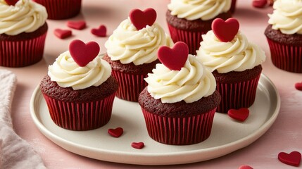 Close-up of red velvet cupcakes topped with creamy frosting and heart decorations, arranged on a white plate with a romantic pink and red theme.