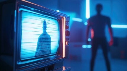 Retro TV showing blurry figure, man in background.