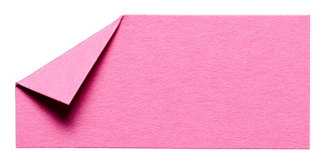 Pink piece of isolated cut out blank paper note cardboard with folded corner dog-ear earmark and...