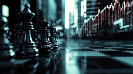 Metallic chess pieces align under a glowing stock market graph merging strategy with finance