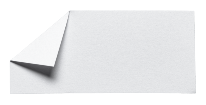 White piece of isolated cut out blank paper note cardboard with folded corner dog-ear earmark and copy space for text, transparent png background design element