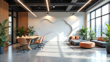 Modern office with wooden furniture and white acoustic panels.