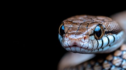 Fototapeta premium Close-up of snake head, night, dark background, wildlife