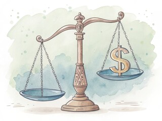 A vintage scale balances money against empty blue pans, symbolizing justice and fairness in financial matters.