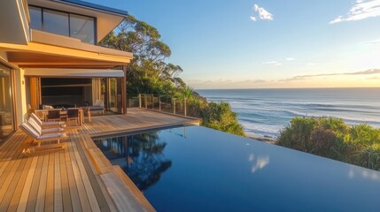 Fototapeta premium Luxury Ocean View Home with Infinity Pool at Sunset for Tropical Getaway