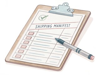 A clipboard with a shipping manifest and checklist is depicted, featuring a pen and checkmarks for tracking items.