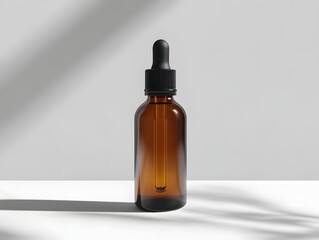 Fototapeta premium Amber Glass Bottle with Dropper for Essential Oil Serum on White Surface with Light Shadow