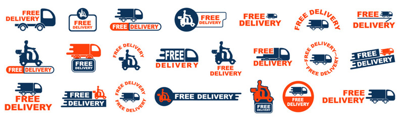 Free delivery label collection with truck and scooter icons. Delivery badges