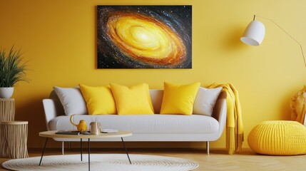 Modern interior design of a yellow room with a sofa and yellow pillows, featuring a painting of a space galaxy on the wall