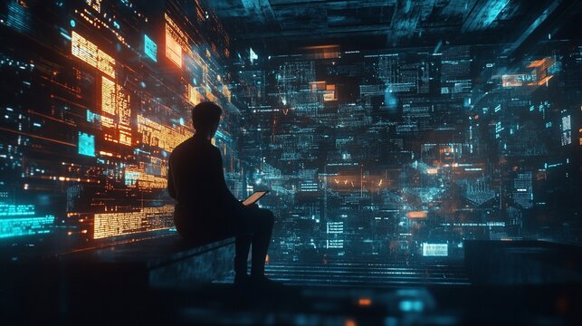 A computer programmer codes in a room with floating data exchange, displaying illuminated data on walls