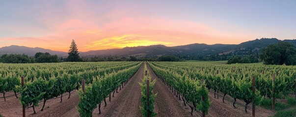 Sunset over lush vineyard rows in scenic countryside landscape