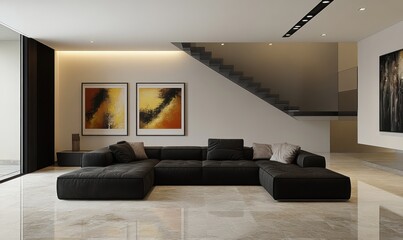Modern interior design of a living room with a granite floor and black sofa, paintings on the wall, and stairs in the background.