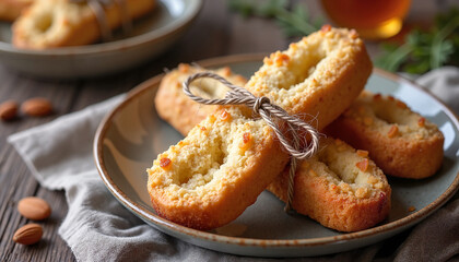 Overhead shot of rustic honey and almond biscotti tied with vintage twine on a cozy wooden table, warm dessert styling concept.