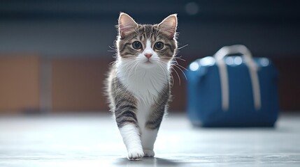 Naklejka premium Cute Grey And White Kitten Walking Towards Camera